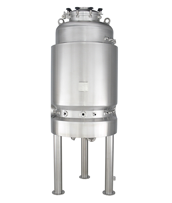 Edelstahlfermenter / Bioreaktor auf Standfüßen in einer Frontalaufnahme